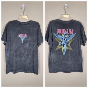 Nirvana In Utero Angel Graphic T-Shirt 2 Side Print Acid Wash Retro Gray Size M